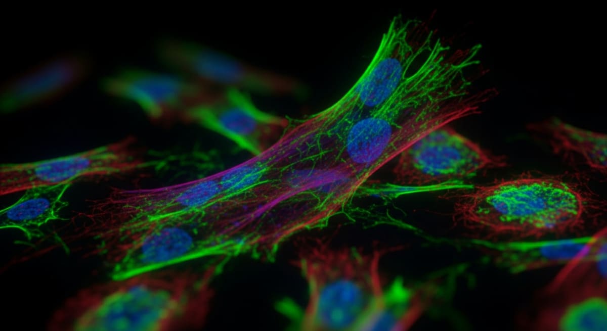 A high-resolution fluorescent microscopy view showing vibrant, glowing neon green, magenta, and cyan cellular structures against a pitch-black background.