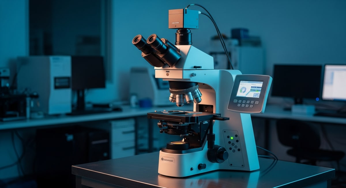 A high-end confocal microscope resting on a sterile stainless steel laboratory bench, illuminated by dramatic cyan and amber lighting.