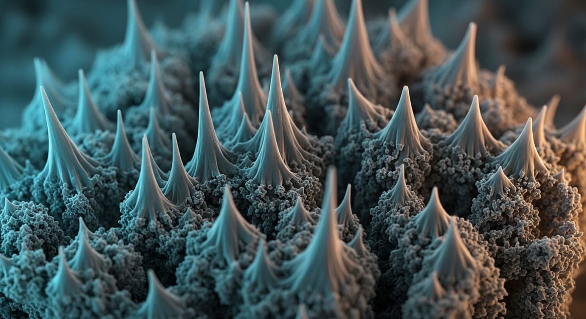 An ultra-high contrast black-and-white scanning electron microscope (SEM) view of a highly detailed, textured peptide crystalline structure.
