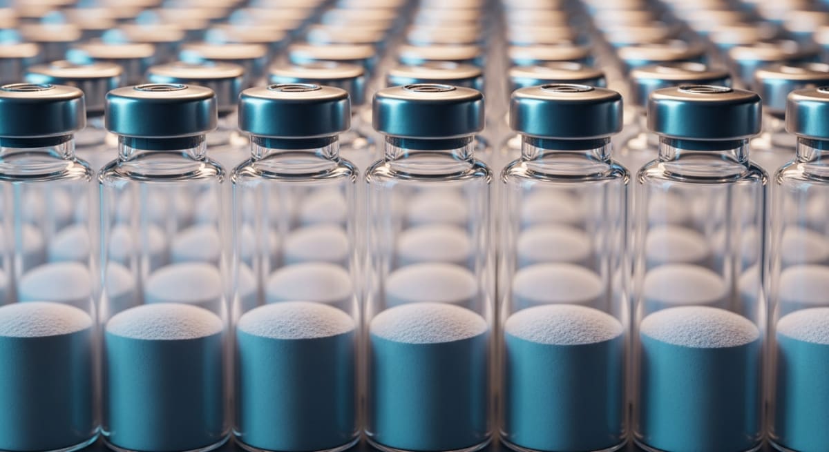 A perfectly organized row of sterile glass vials with clean metallic crimp tops standing vertically, containing flat, frosty white powder at the bottom, shot with dramatic laboratory lighting.