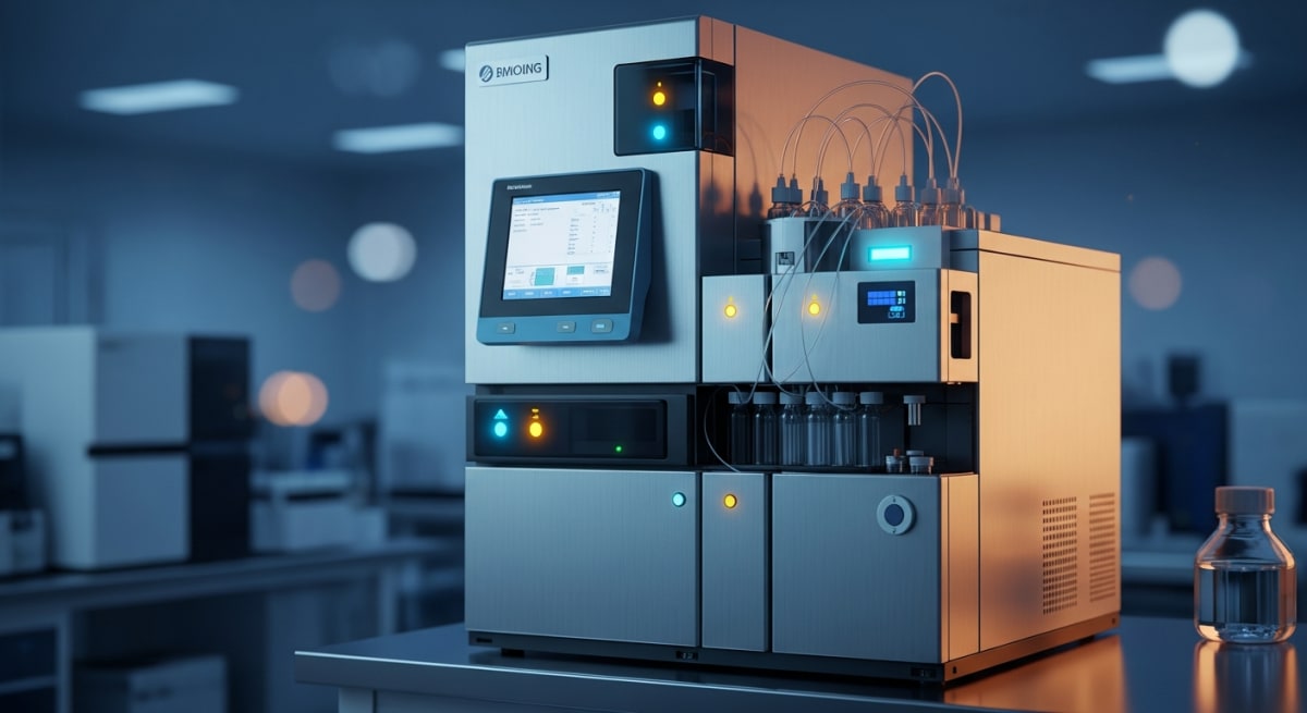 High-tech HPLC machine operating inside a sterile laboratory, illuminated by dramatic cyan and amber lighting.