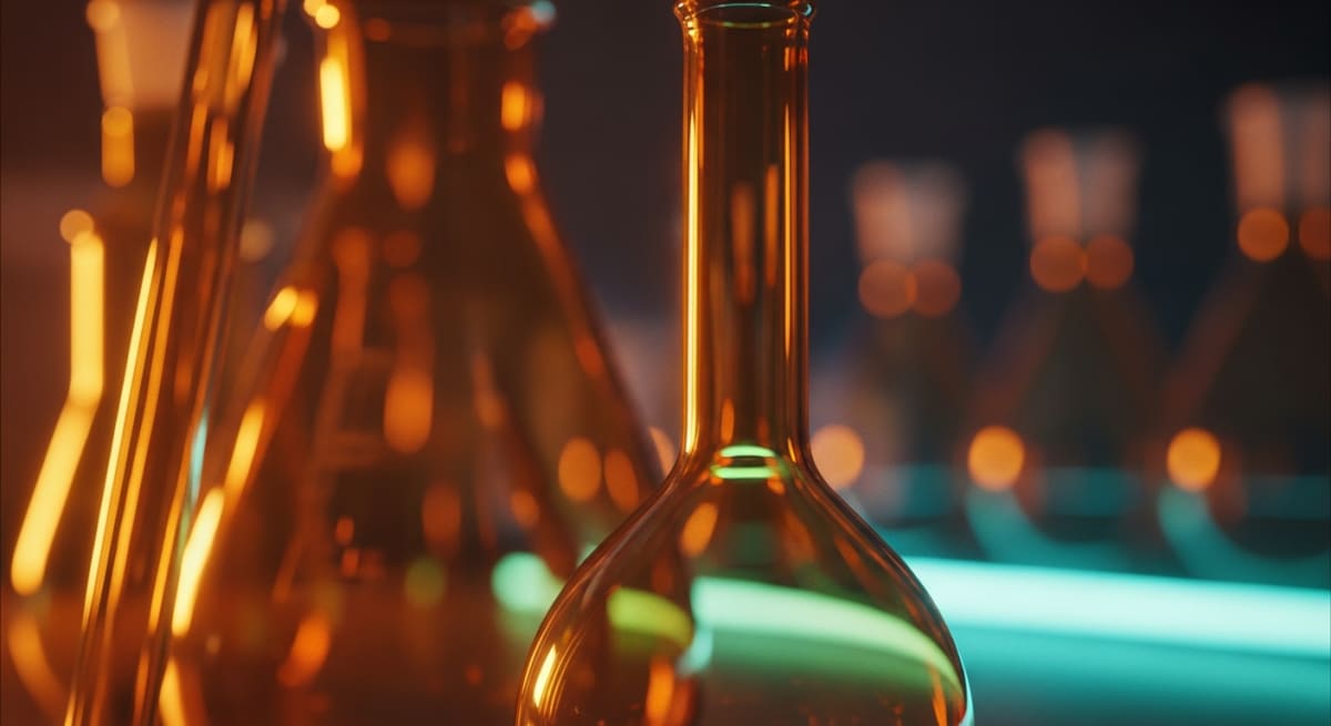 Close-up macro shot of amber UV-resistant laboratory glassware under warm tungsten lighting with a soft bokeh background.