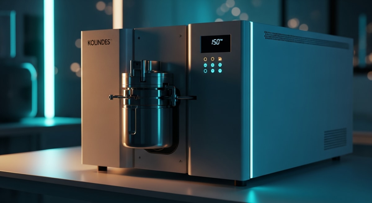 An ultra-modern mass spectrometer machine on a pristine laboratory bench, illuminated by dramatic cyan and amber cinematic lighting.
