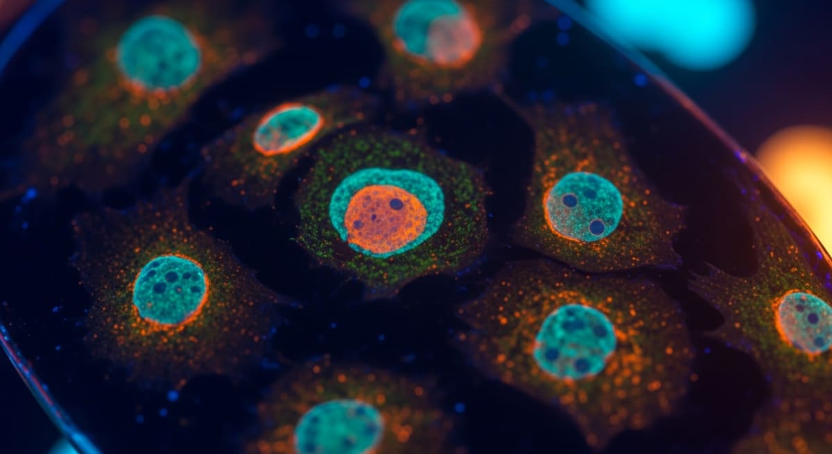 Fluorescent stained in-vitro cell cultures glowing under UV light, highlighting cellular structures and mitochondria in a laboratory setting.