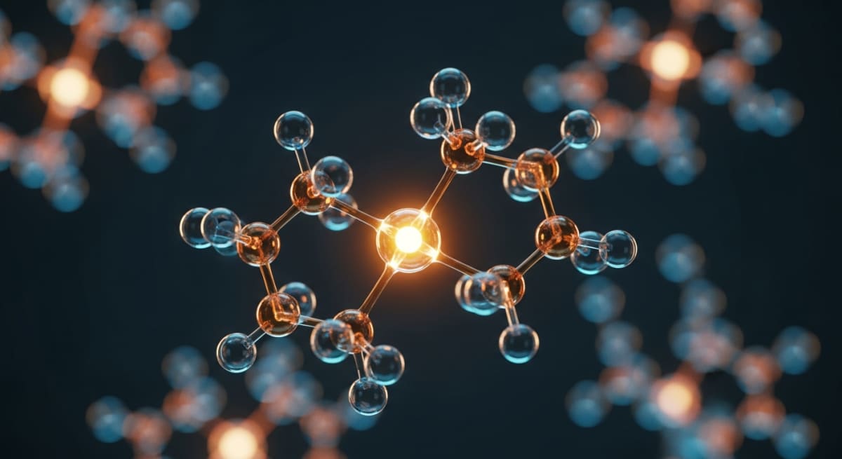 A cinematic 3D rendering of glowing abstract molecular bonds and peptide sequences, highlighting a central copper-peptide coordination complex with elegant blue and amber lighting.