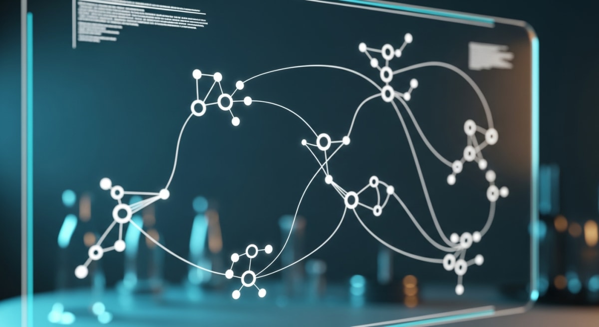 A clean, abstract 2D node-and-network biological vector graphic on a laboratory interface screen, showcasing molecular connections without text.