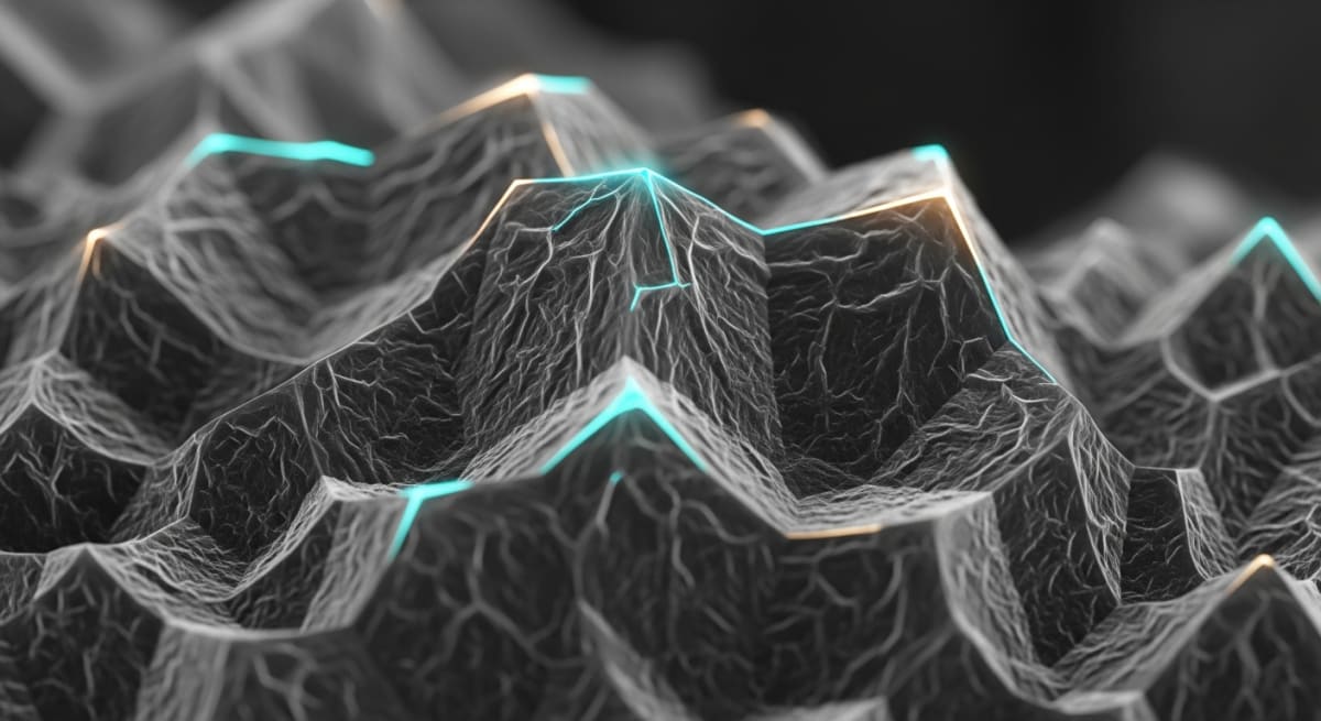 Black-and-white scanning electron microscope image of a crystalline microstructure.