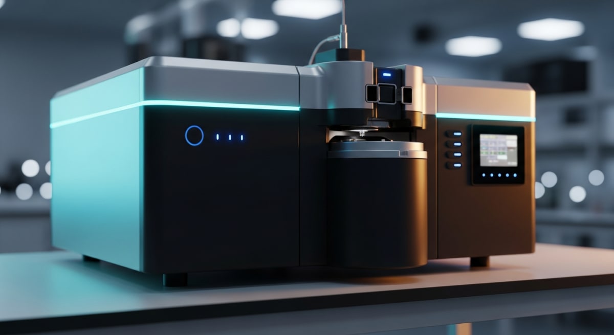 An ultra-modern mass spectrometer machine on a pristine laboratory bench, captured with dramatic cinematic lighting and a shallow depth of field.