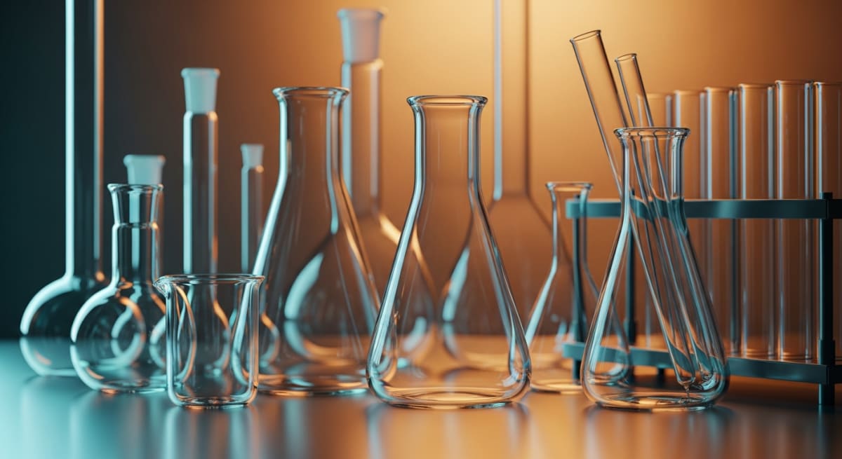 Macro photograph of empty amber UV-resistant laboratory glassware under warm tungsten and dramatic cinematic lighting.