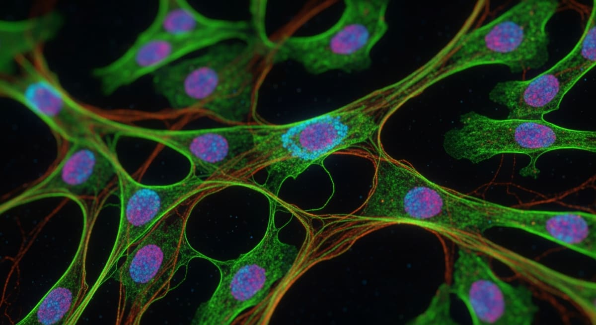 Vibrant fluorescent microscopy showing glowing neon green, magenta, and cyan cellular structures against a dark background.