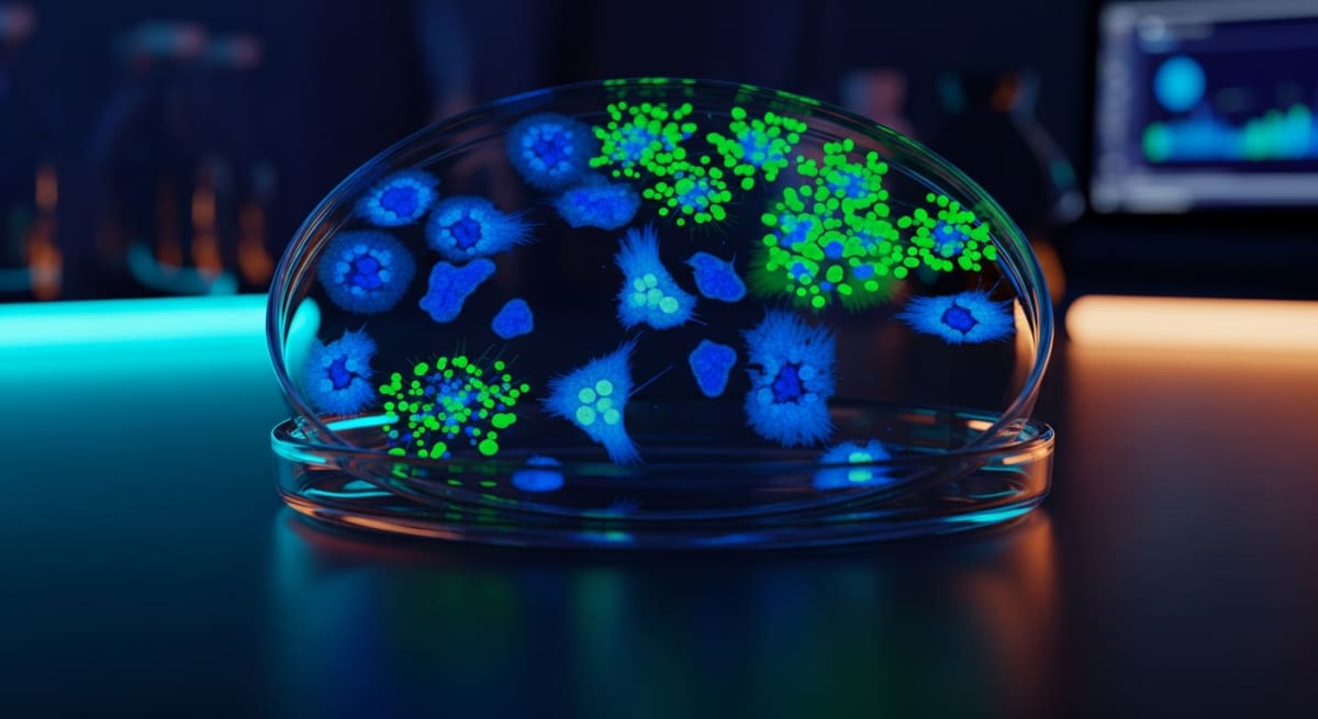 Fluorescent stained in-vitro cell cultures glowing in electric blue and green under UV light inside a petri dish, captured with cinematic macro photography.
