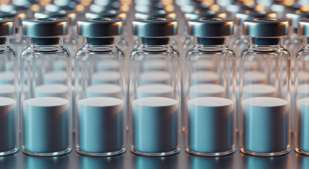 A pristine row of upright glass laboratory vials containing a flat, level layer of fine white powder at the bottom, set against a dramatic cinematic background.