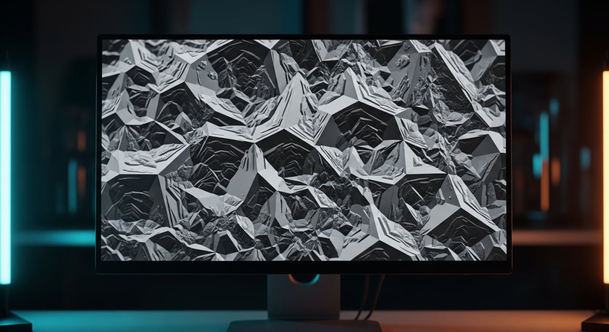 An ultra-high contrast, 3D textured black-and-white scanning electron microscope image of geometric crystalline structures displayed on a laboratory monitor.