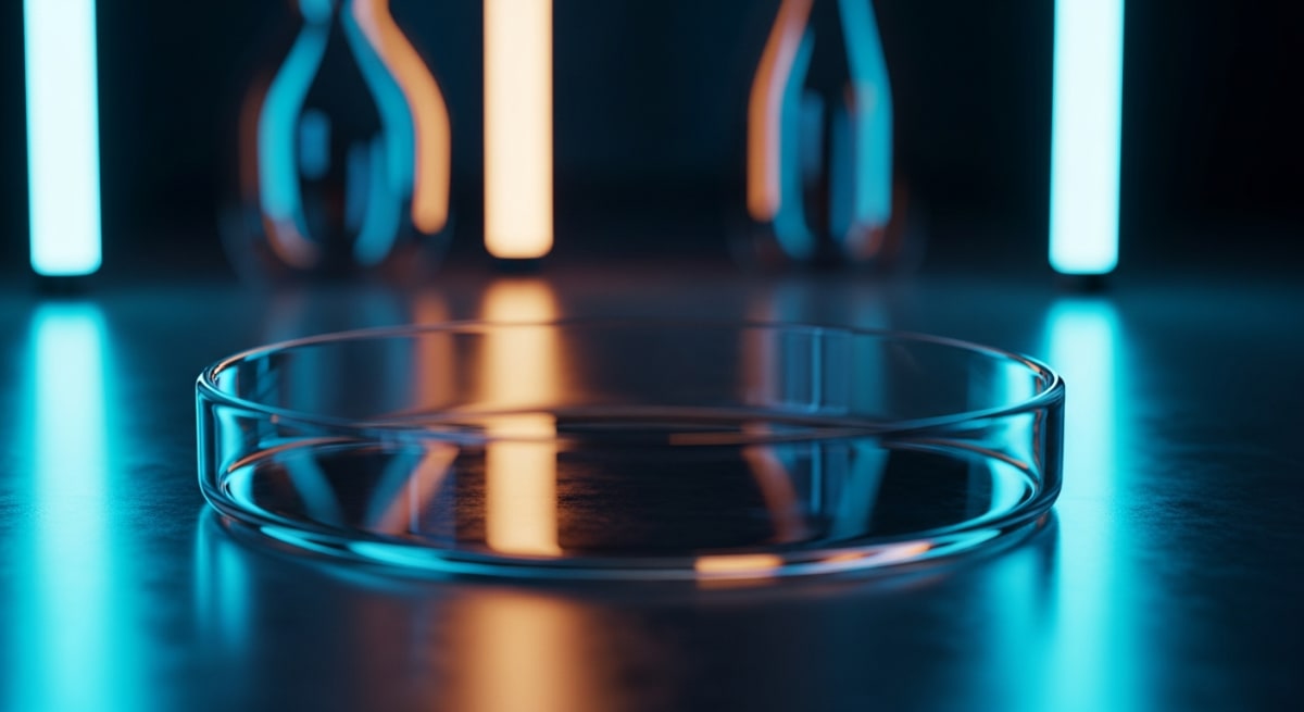 A close-up of a sterile glass petri dish reflecting vibrant neon blue and amber laboratory lights in a high-tech, dark scientific setting.