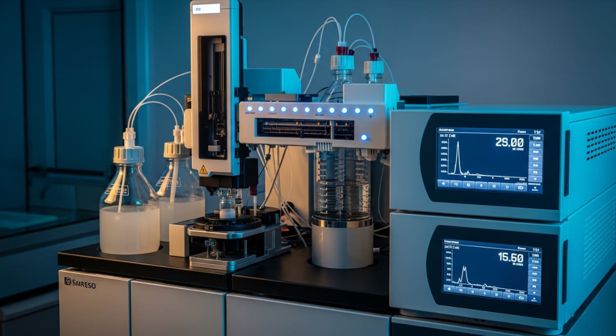 A high-tech Liquid Chromatography HPLC machine with metallic finishes and glowing indicator lights operating in a sterile, modern cleanroom under dramatic cyan and amber lighting.