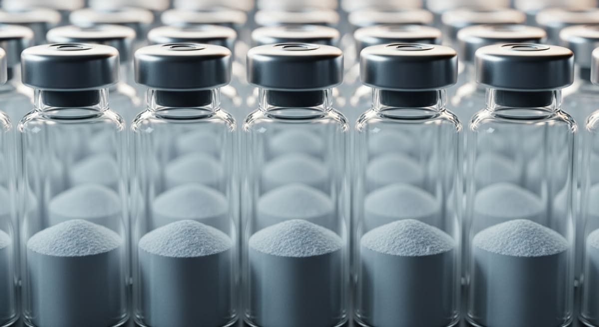 A precise row of sterile glass laboratory vials containing flat, frosty white powder.