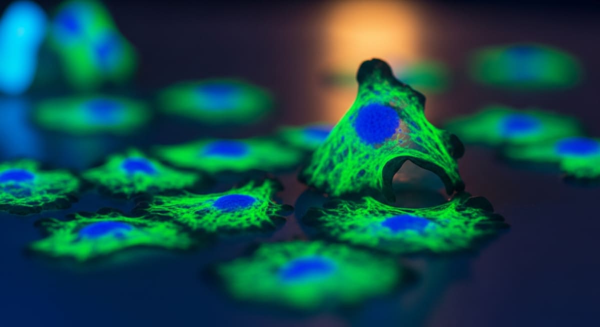Fluorescent stained in-vitro cell cultures glowing in neon green and blue under UV light in a high-tech laboratory setting.