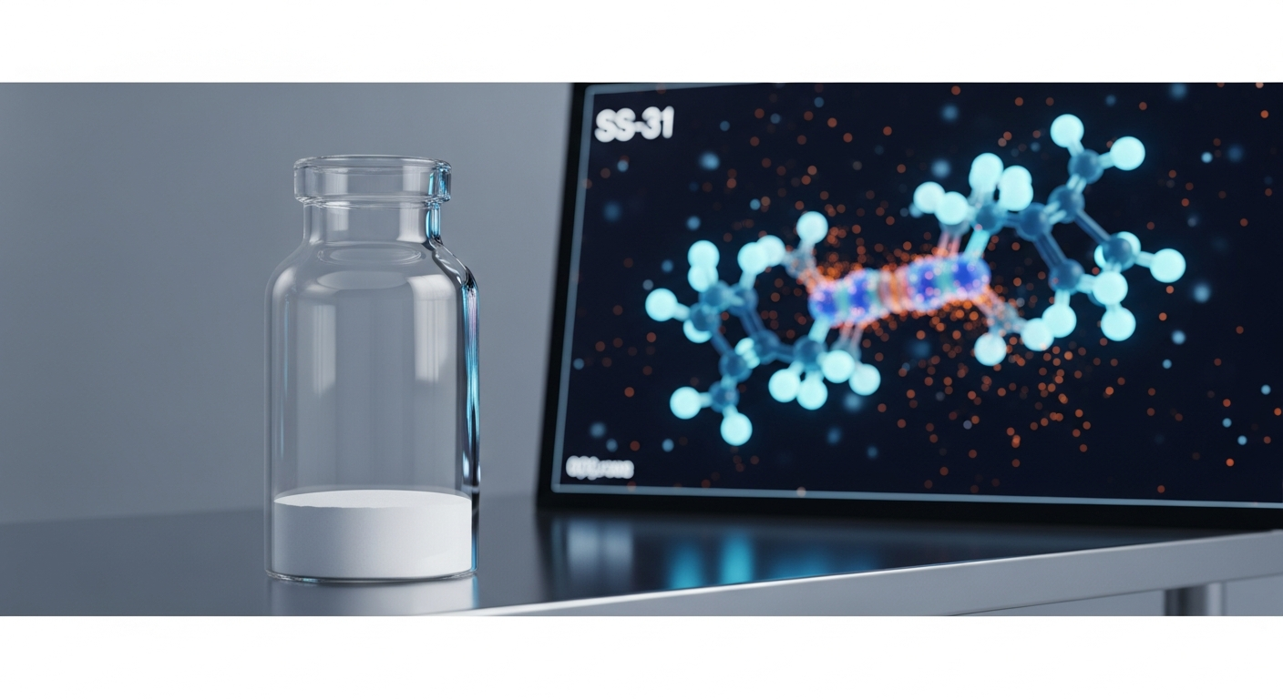 Sterile laboratory vial of SS-31 peptide with a glowing mitochondrial cardiolipin molecular structure display.