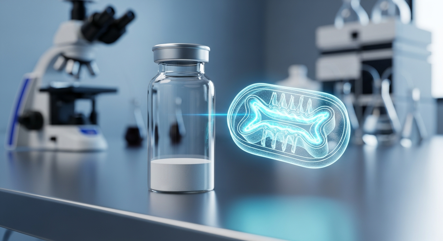 In-vitro laboratory setup showing a research peptide vial and glowing mitochondrial structure for cellular longevity.