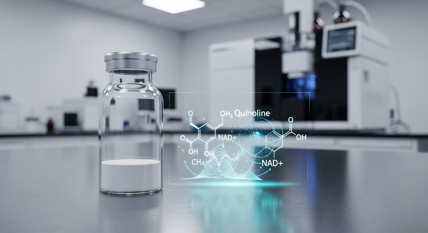 Sterile laboratory vial of 5-Amino-1MQ research peptide with NAD+ molecular pathway projection.