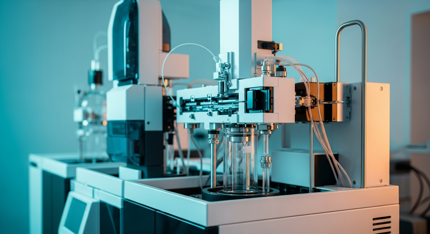 A high-tech Liquid Chromatography (HPLC) machine operating in a sterile B2B cleanroom.
