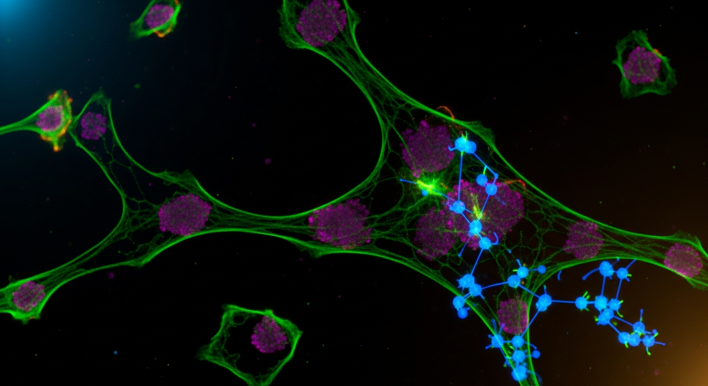 Fluorescent microscopy displaying glowing neon green, magenta, and cyan cellular structures against a pitch-black background.