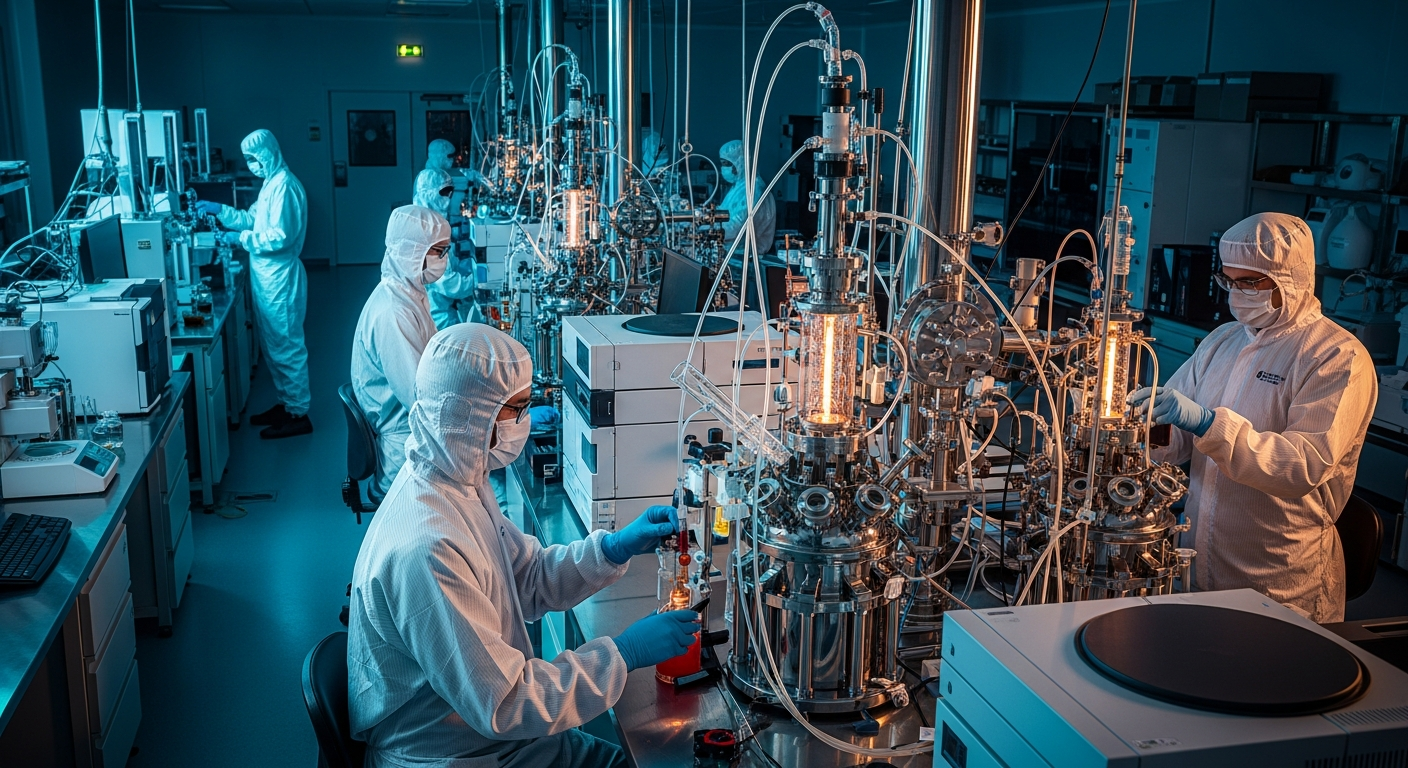 Laboratory technicians in full protective white PPE suits operating advanced synthesis machinery in a bustling sterile B2B cleanroom environment.