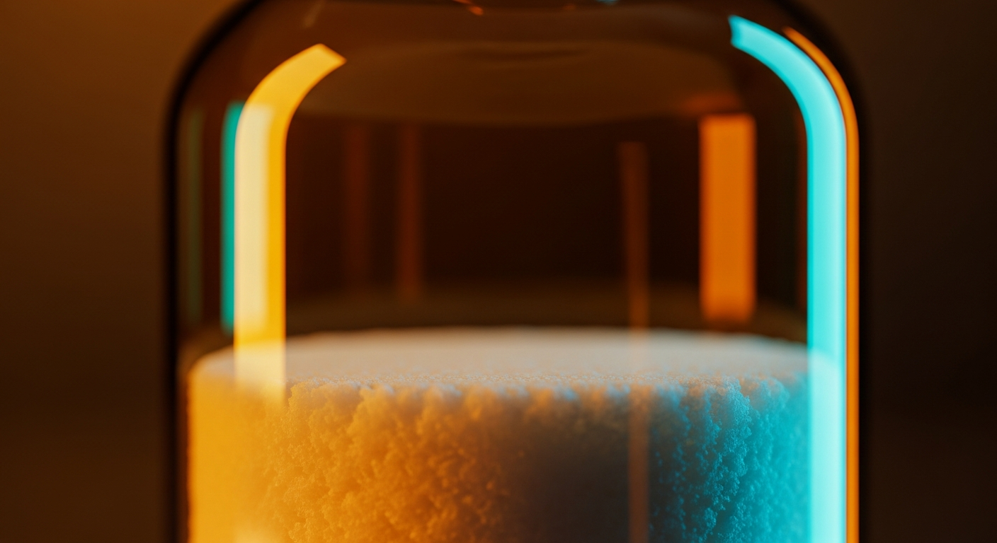 Macro photography of an upright amber UV-resistant laboratory glass vial containing a perfectly flat layer of pure white freeze-dried cake under warm tungsten lighting.