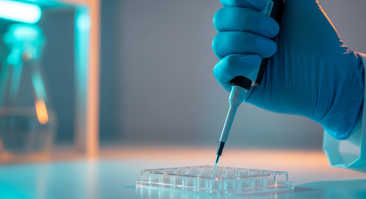 Close-up of a researcher's gloved hand holding a precision micropipette over a multi-well plate in a cinematic laboratory setting.