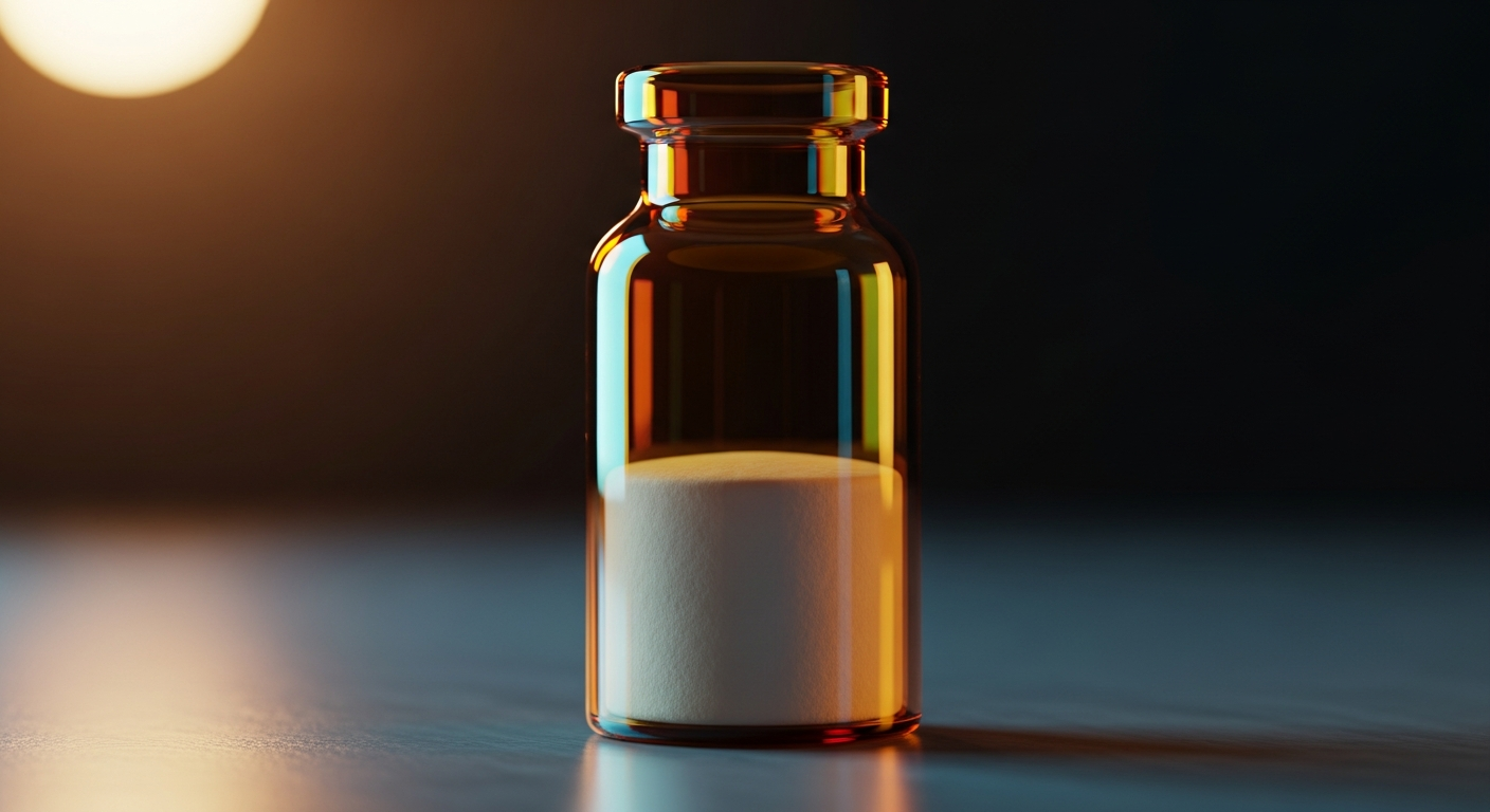 Macro photography of an upright amber UV-resistant laboratory glass vial containing a flat white freeze-dried peptide cake under warm tungsten lighting.
