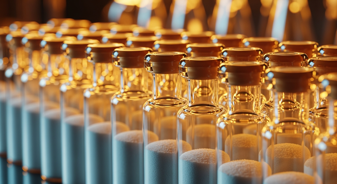 Warm tungsten lighting focused on amber UV-resistant laboratory glass used for protecting sensitive research compounds.