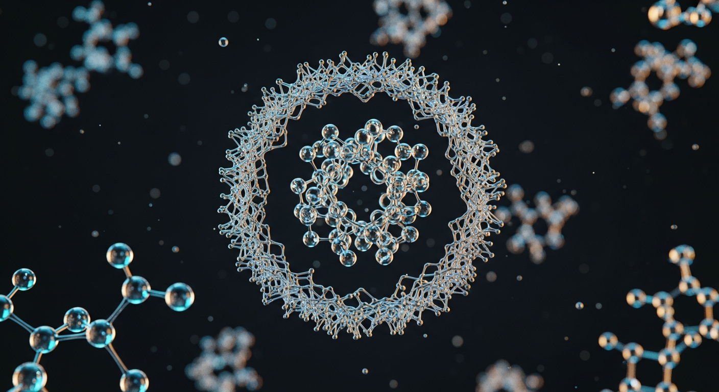 3D rendering of glowing molecular bonds and peptide sequences illustrating the protective pegylation matrix.