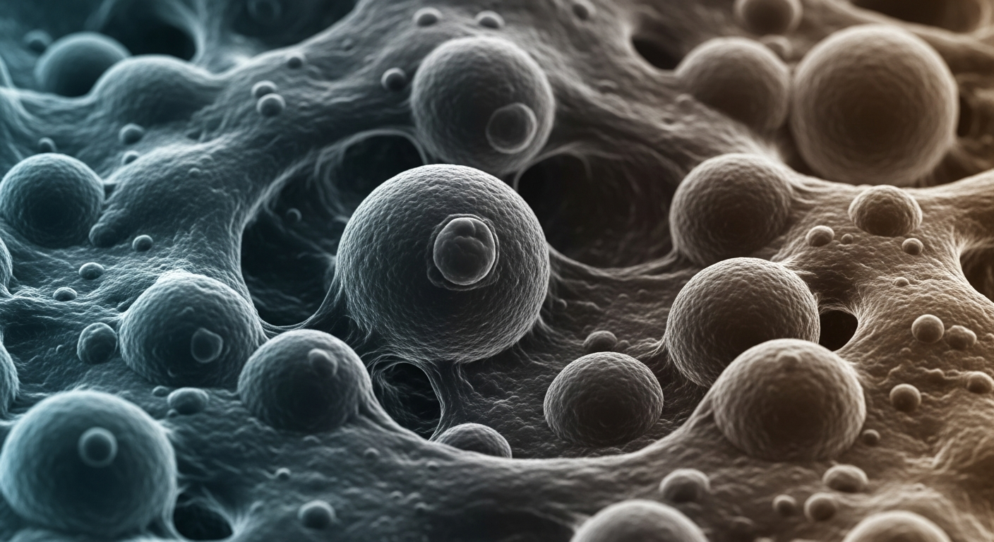 Black and white Scanning Electron Microscope imagery showing highly textured satellite cells in a biological matrix.