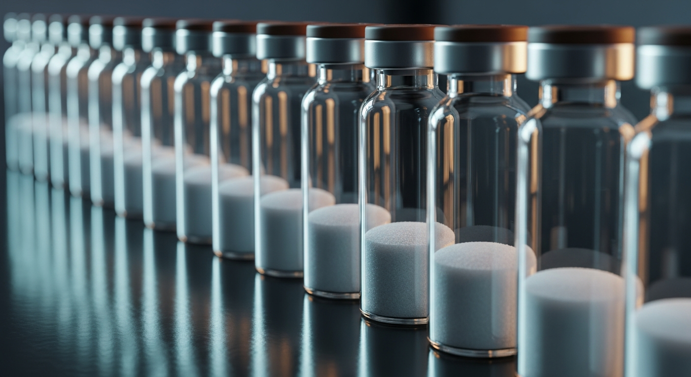 A perfectly organized row of standard laboratory crimp-top glass vials containing fine white powder, photographed with cinematic lighting on a reflective benchtop for biochemical research.