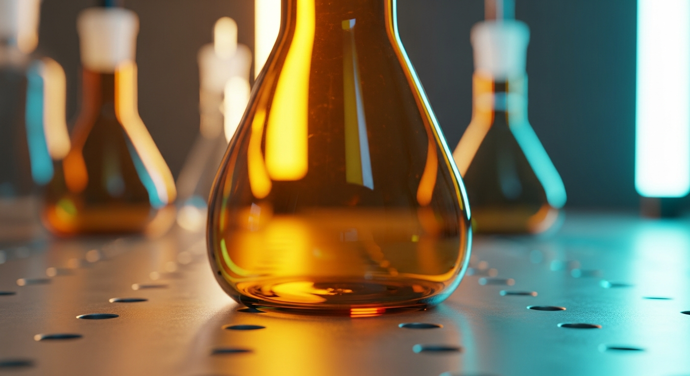 Macro photography of amber UV-resistant laboratory glass under warm tungsten lighting, illustrating the precise analytical environment for peptide research.