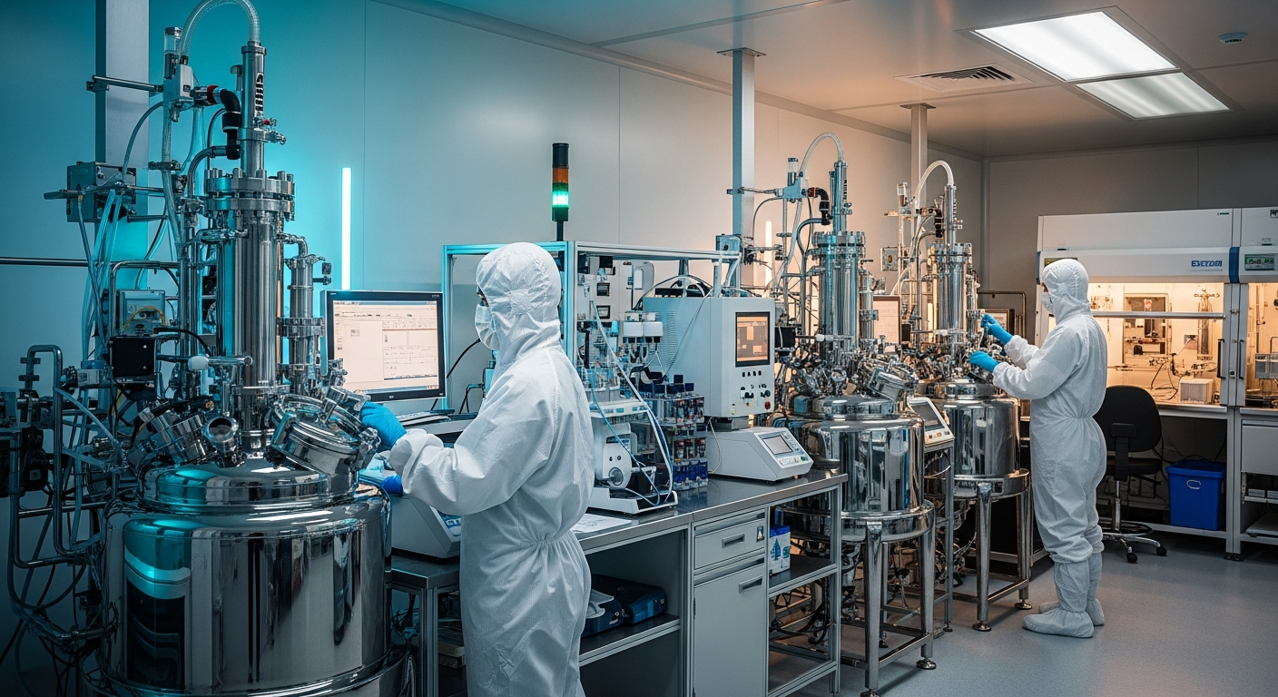 Laboratory technicians in full protective white PPE suits operating advanced synthesis machinery inside a sterile B2B cleanroom.