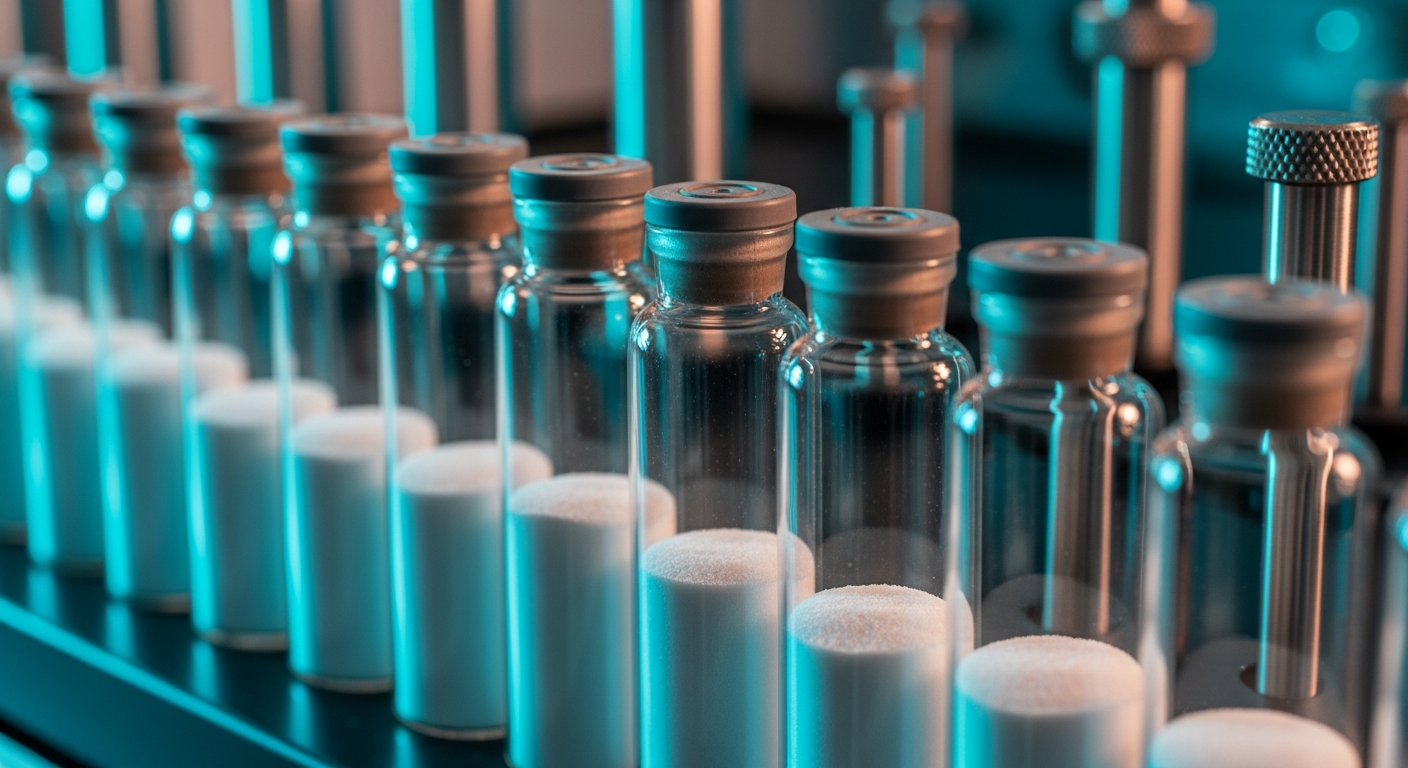 A perfectly organized row of standard laboratory crimp-top glass vials containing flat white powder on a sterile B2B laboratory equipment station.
