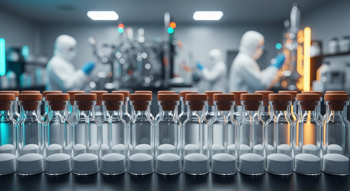 A sterile B2B cleanroom environment with laboratory technicians in white PPE operating advanced synthesis machinery, featuring a perfectly organized row of vertical glass vials containing flat white powder in the foreground.