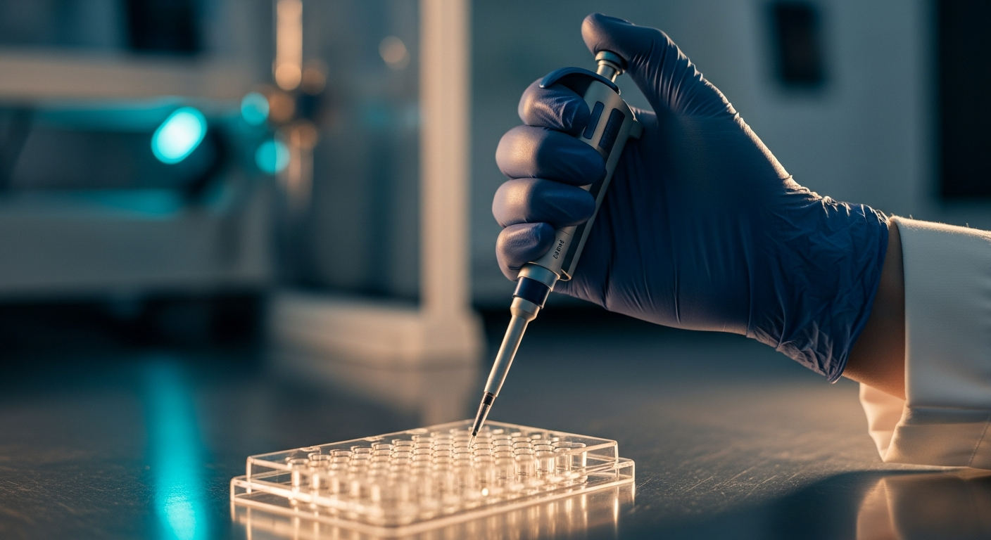 A researcher's gloved hand holding a precision micropipette over a multi-well cell culture plate in a modern laboratory setting.