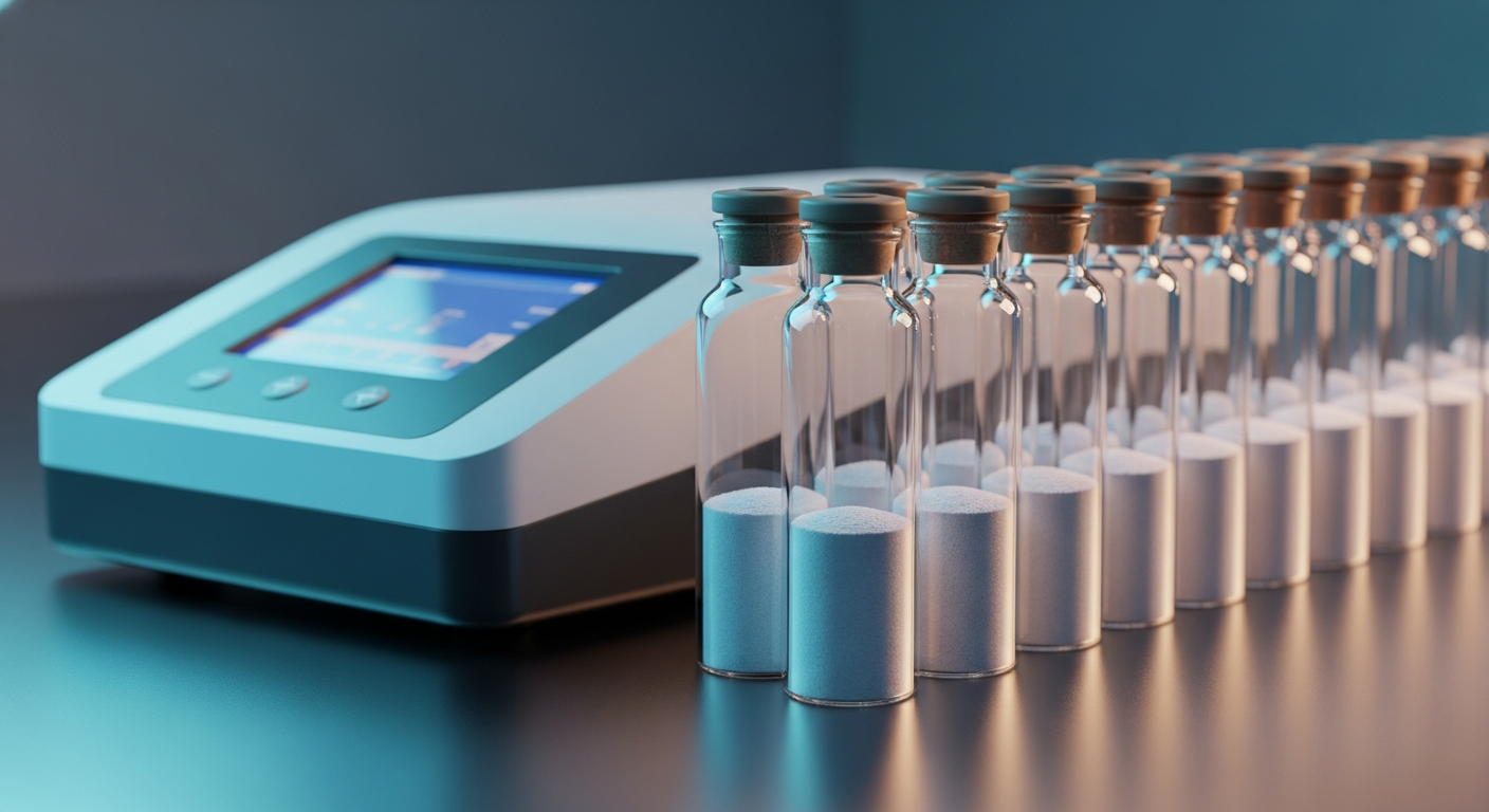 Sterile B2B laboratory equipment featuring a modern extracellular flux analyzer and perfectly organized crimp-top glass vials containing level white powder.