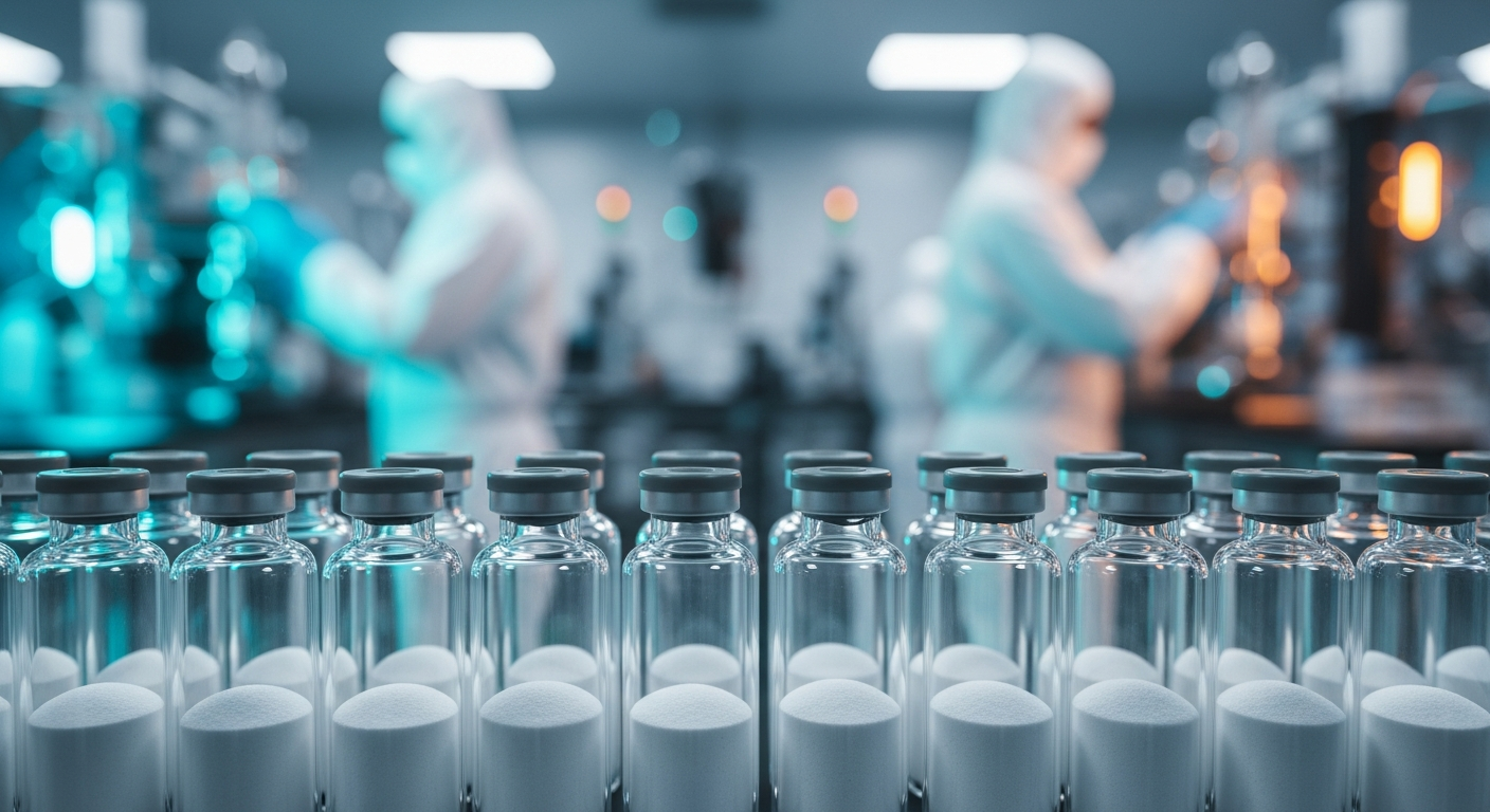 Laboratory technicians in full protective white PPE suits operating advanced synthesis machinery behind a perfectly organized row of glass vials containing level white powder.