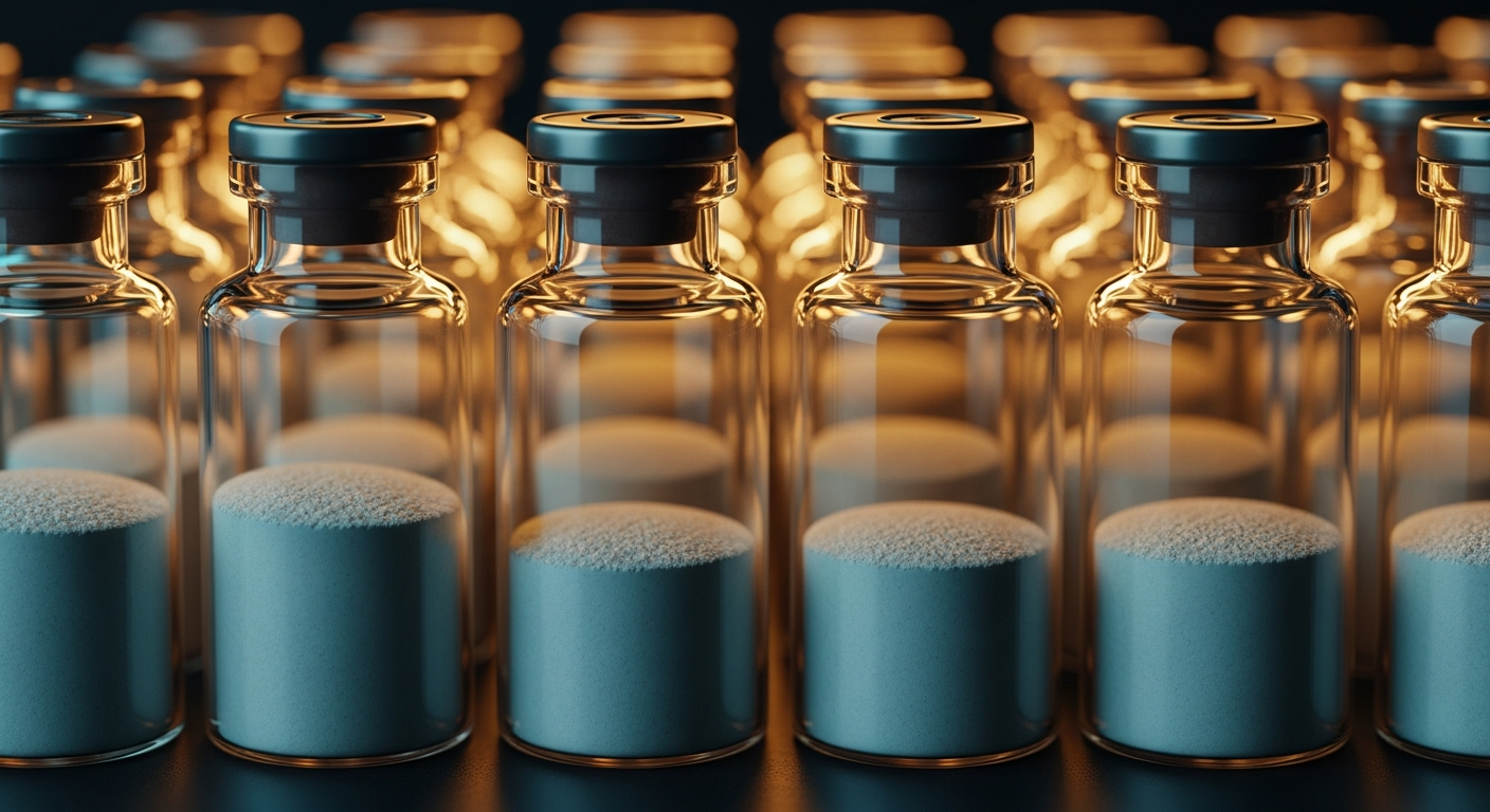 Macro photography of amber UV-resistant laboratory glass vials containing precisely levelled white powder under warm tungsten lighting with a bokeh background.