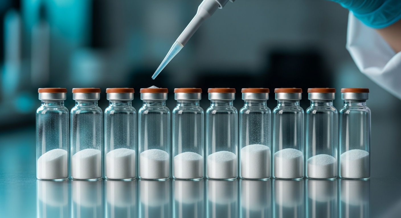 A researcher's gloved hand holding a precision micropipette above a row of sterile glass vials containing white powder in a modern laboratory setting.