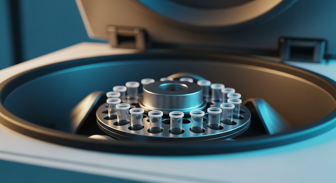 A modern high-speed laboratory centrifuge with an open lid, showcasing a balanced metallic rotor under dramatic cyan and amber lighting.