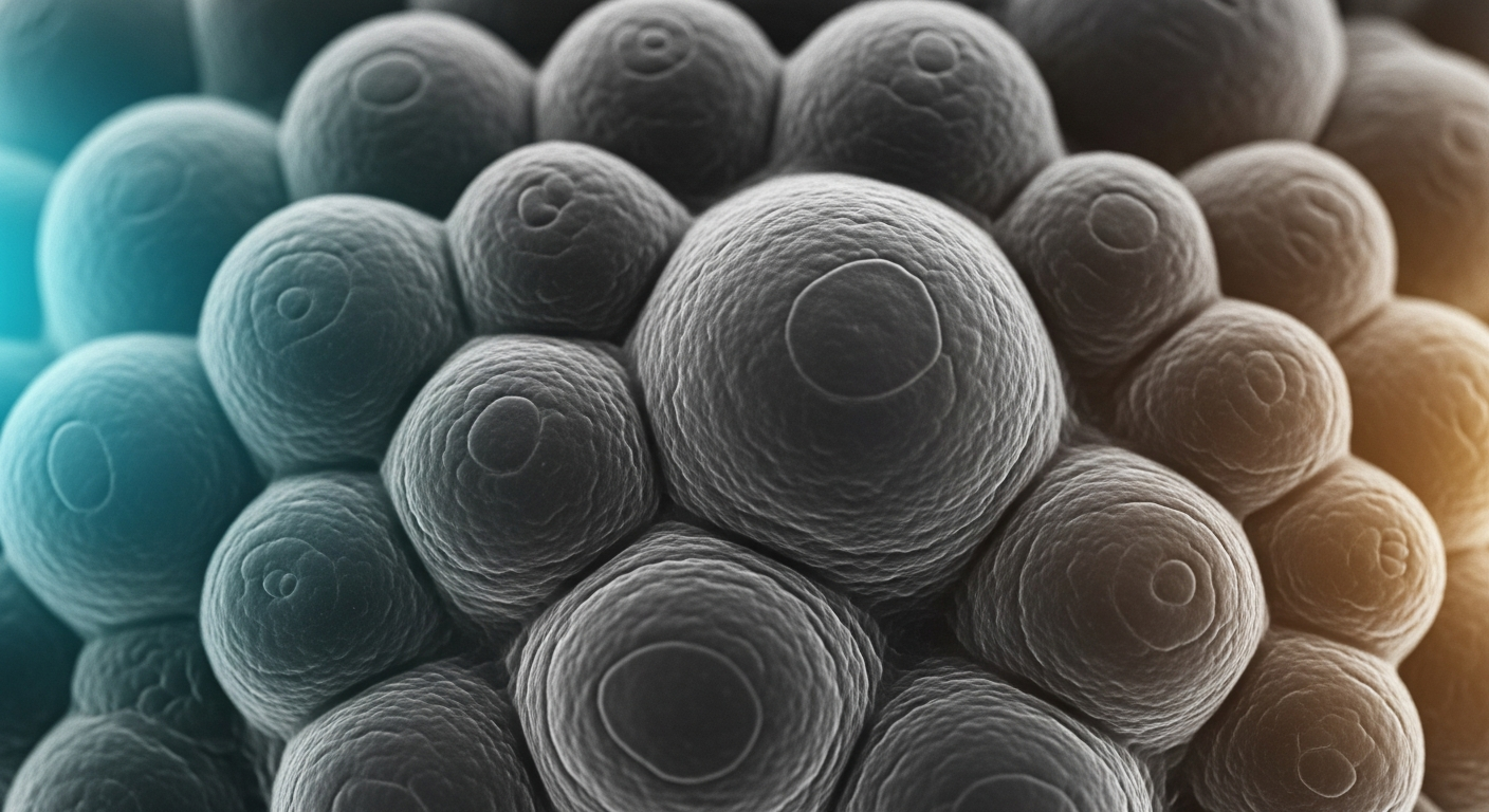 An ultra-high contrast, 3D textured black-and-white scanning electron microscope (SEM) image of a cellular matrix.