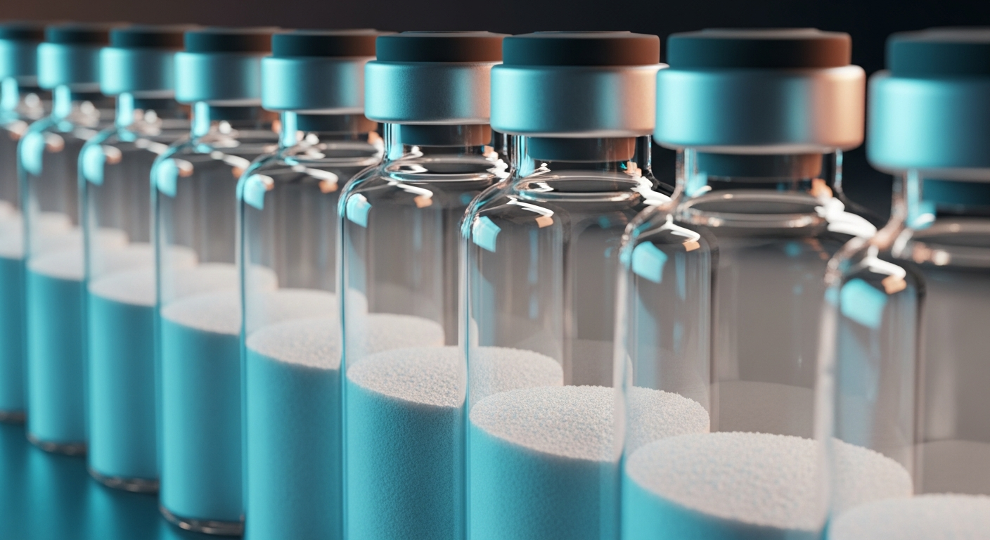 A pristine row of upright laboratory glass vials containing a flat, smooth layer of fine white powder at the bottom, set against a dark cinematic background with subtle cyan and amber lighting.