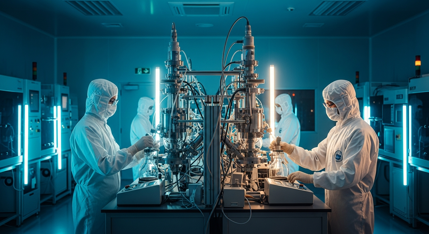 Laboratory technicians in white protective suits operating advanced synthesis equipment in a sterile cleanroom with cinematic cyan and amber lighting.
