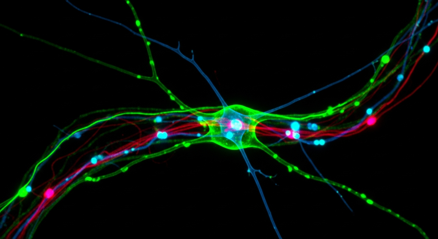 Fluorescent microscopy visualization of glowing neon green, magenta, and cyan cellular structures against a dark background.