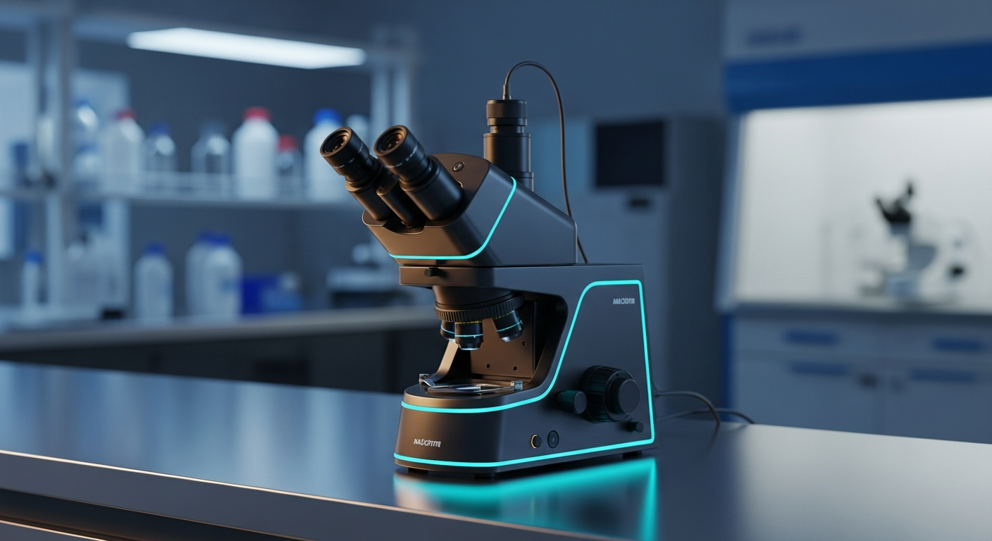 A high-end confocal microscope positioned on a sterile stainless steel laboratory bench, illuminated by dramatic cyan and amber lighting with a soft bokeh background.