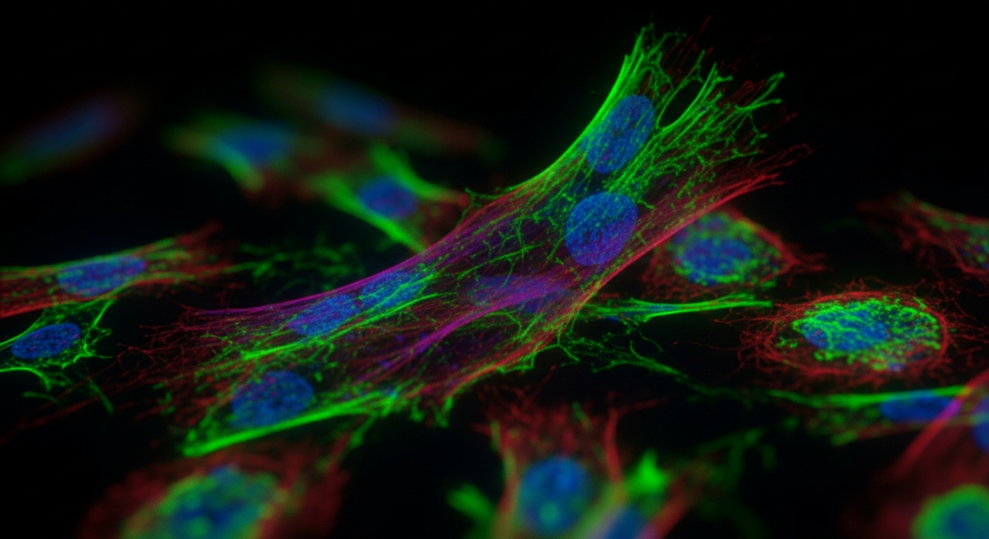A high-resolution fluorescent microscopy view showing vibrant, glowing neon green, magenta, and cyan cellular structures against a pitch-black background.